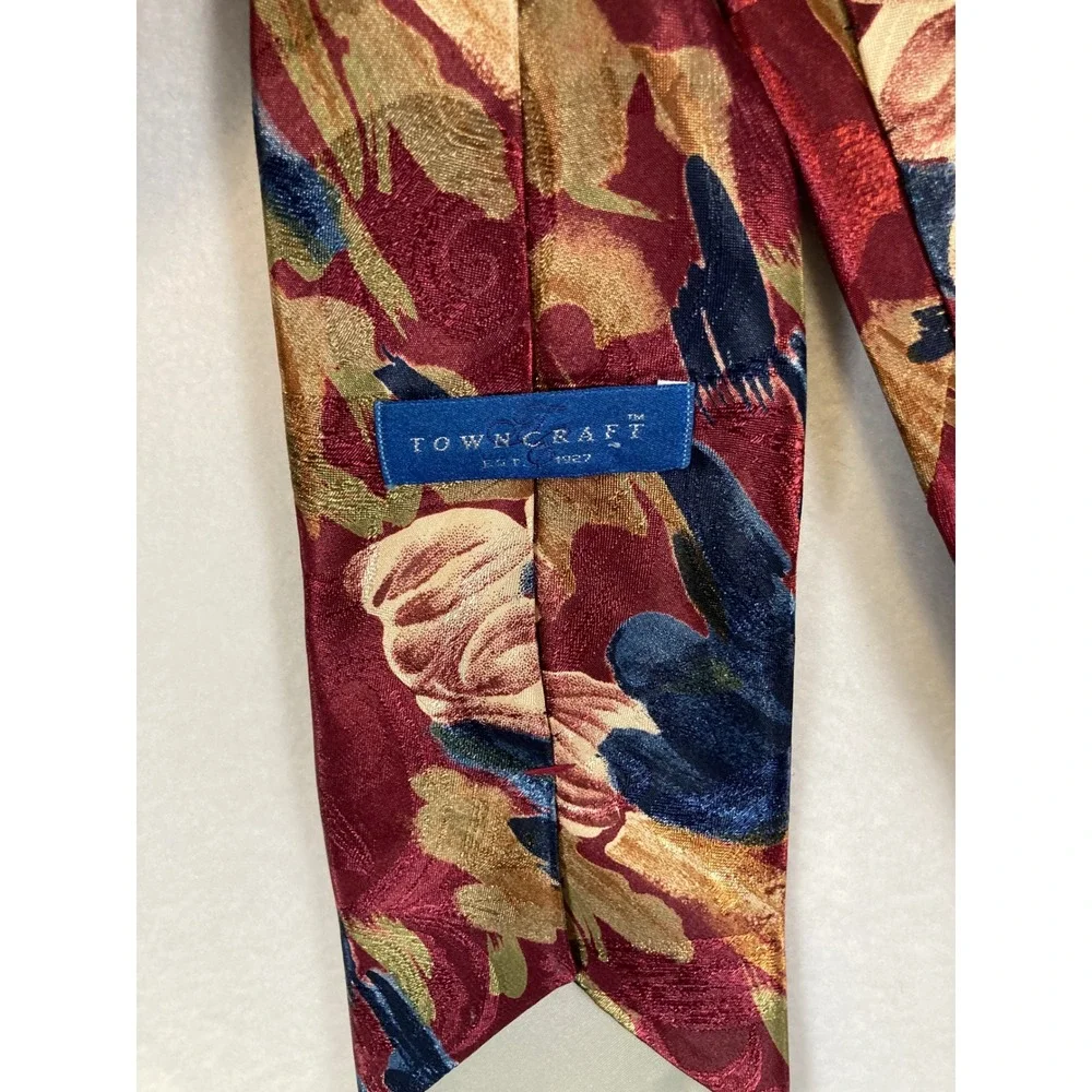Towncraft‎ Necktie Mens OS Burgundy Gold Blue Floral Abstract Jacquard Classic